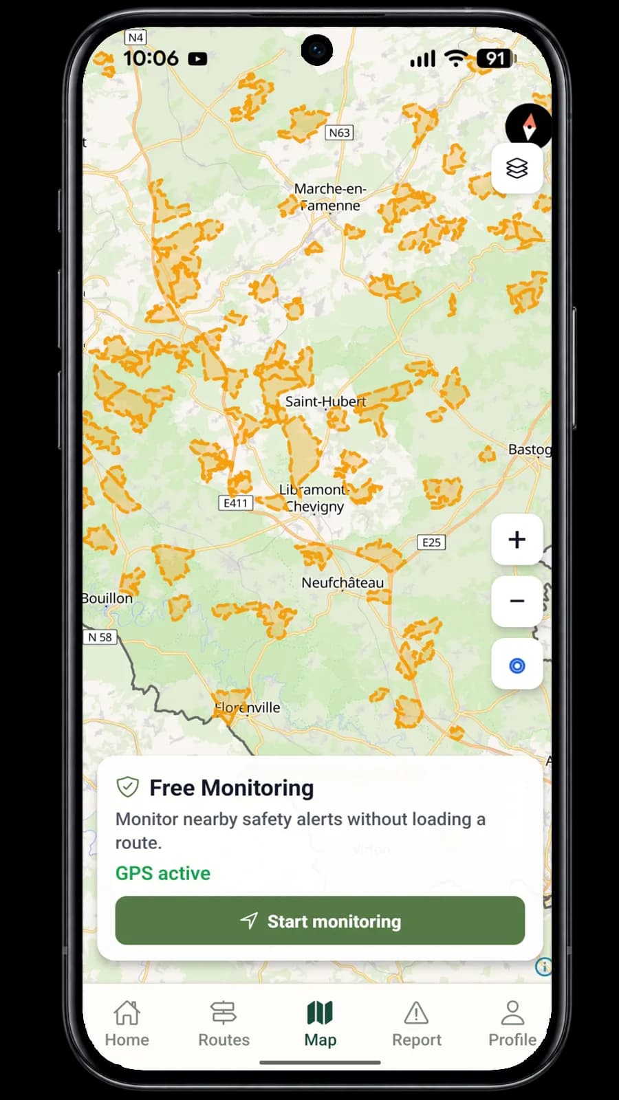 Safentura mobile app showing hunting closure areas in Wallonia