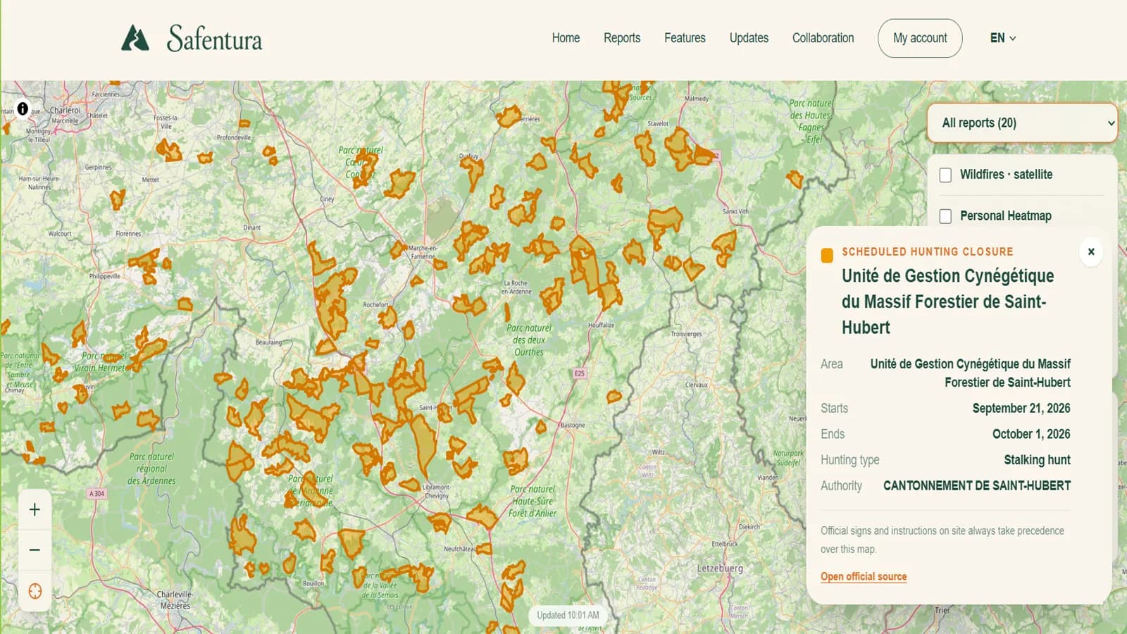 Safentura web map showing hunting closure areas in Wallonia