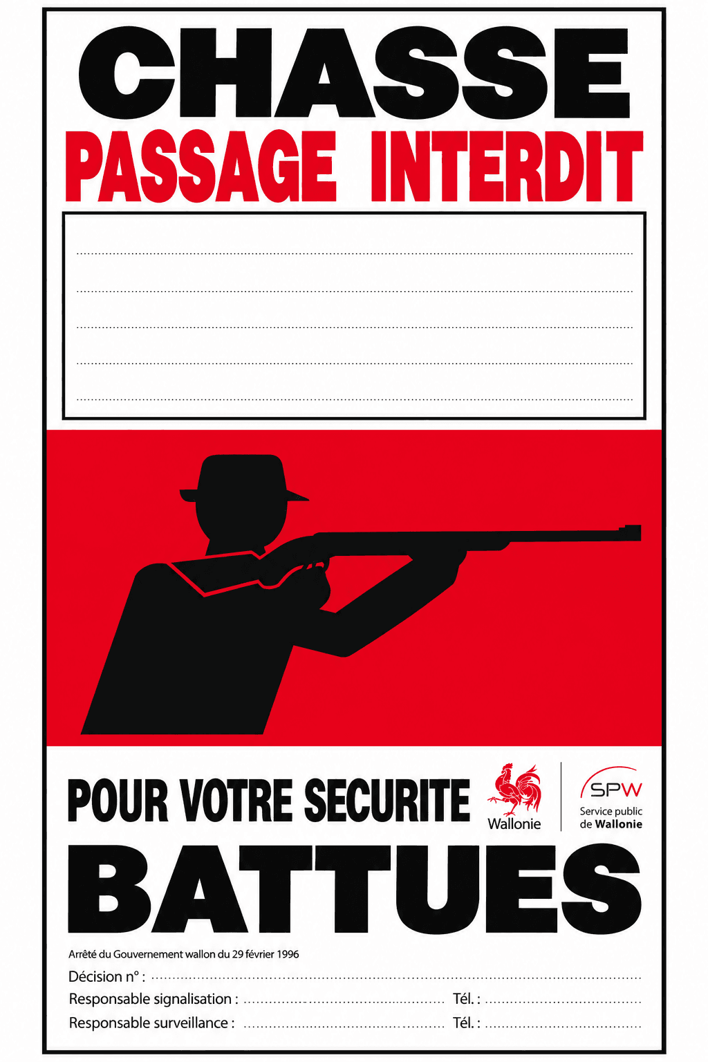 Official-style red Wallonia hunting sign indicating passage prohibited