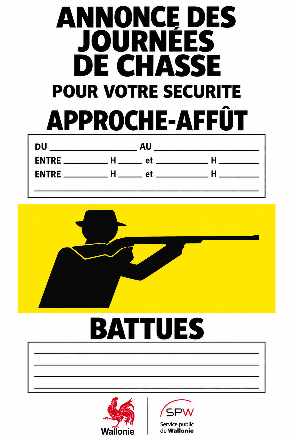 Official-style yellow Wallonia hunting notice announcing hunting activity